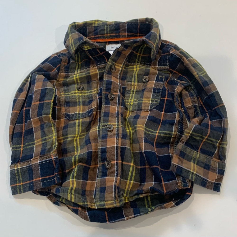 6/$20 Carter's Kids Plaid Shirt - Navy and Tan